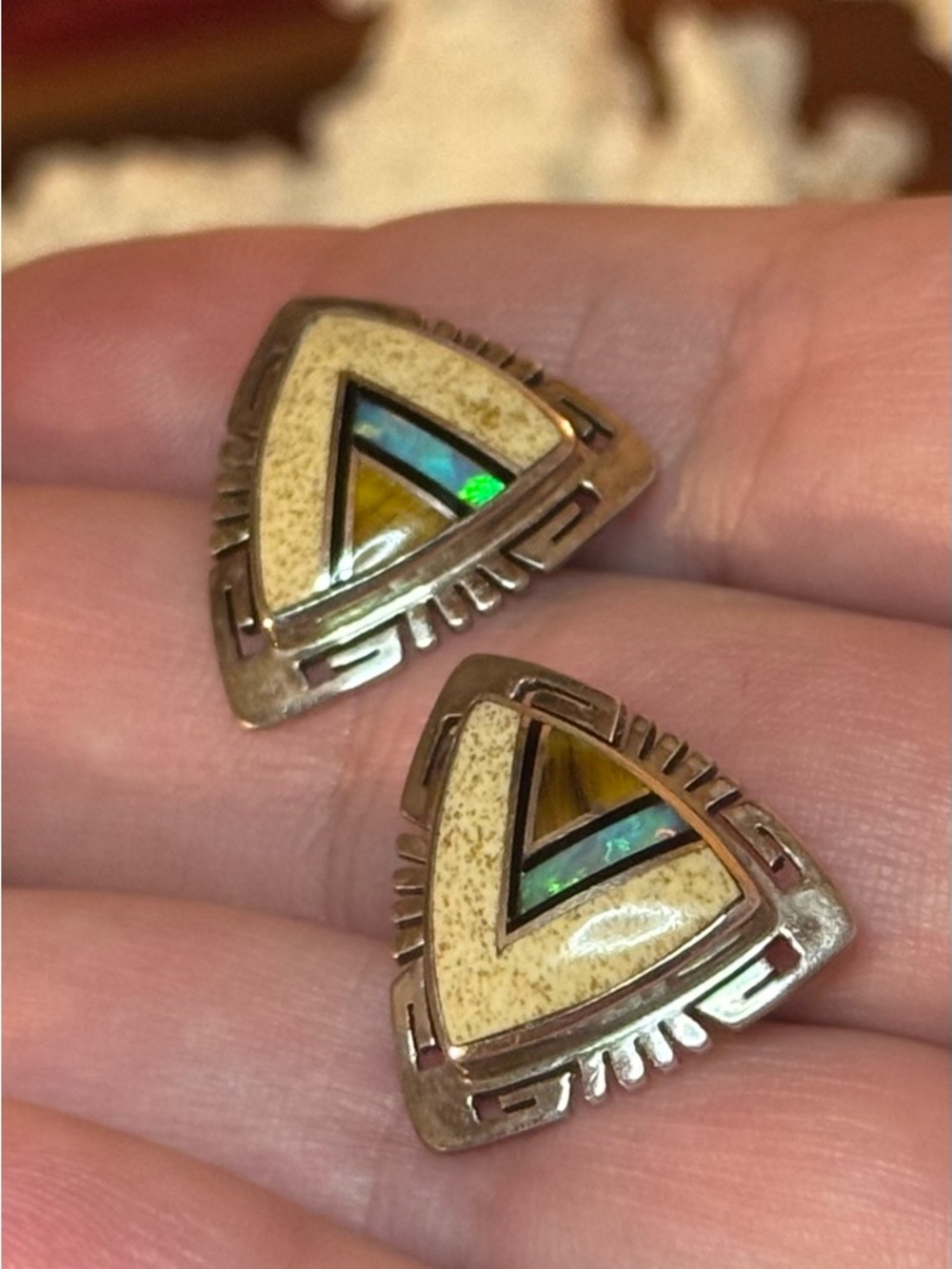 Native American Sterling VTG Inlay Earrings - Picture 5 of 16
